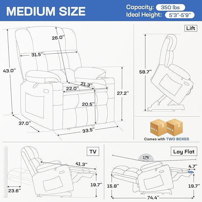 Tami Tami Dual Motor Power Lift Chair Recliner for Elderly with Massage and Heat, Infinite Position Electric Lift Recliner with Adjustable Headrest, USB (T6015 - Plush Fabric, Medium, Dark Gray)