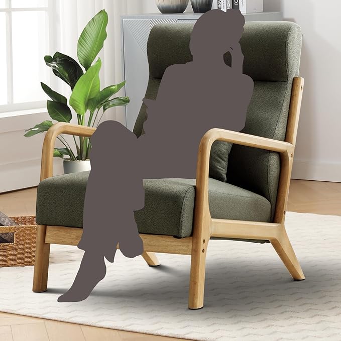 Accent Chair Mid Century Modern Chair Linen Fabric Living Room Chairs with Solid Wood Frame Comfy Upholstered and Lumbar Pillow Reading Side Chair Easy Assembly for Bedroom (2, Green)