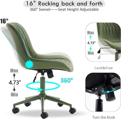 YOUNIKE Home Office Desk Chair with Wheels Armless Vanity Chair with Back Comfy Modern Leather Upholstered Rolling Task Chair Swivel Small Cute No Arms Wide Adjustable Ergonomic All Green