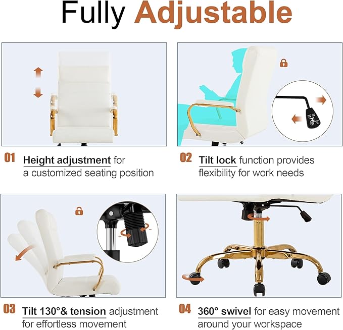 White and Gold Office Desk Chair, Modern Leather Conference Room Chairs, High Back Ergonomic Home ofiice Chair, Adjustable Height Swivel Executive Computer Chair with Padded Seat and Armrest