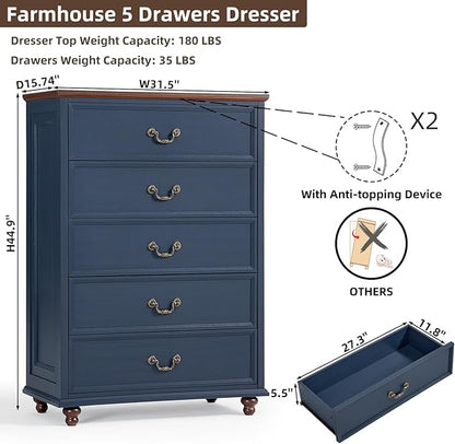 Bedroom Dresser Sets, 54" Wide 7 Drawers Dresser and 45" Tall 5 Drawers Dresser, Wooden 2 Piece Bedroom Furniture Set, Chest of Drawer for Bedroom, Home, Living Room, Hallway, Navy Blue