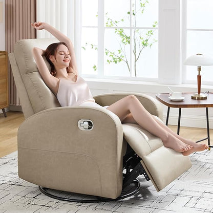 Swivel Rocker Recliner Chair, Manual Leather Recliner, Glider Rocking Recliners 360°Swivel Nursery Reclining Chairs for Living Room, Khaki