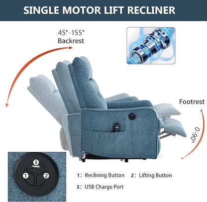 PELUMY Manual Lift Recliner Chair with Massage and Heat for Elderly, Single Motor Electric Lift Chair, Heavy Duty Recliner with USB Charging & Side Pockets (Chenille, Blue)