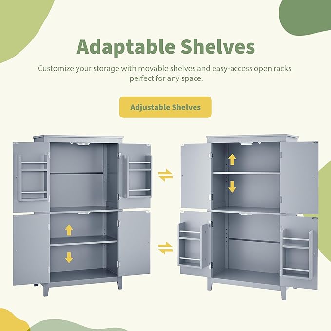 Tall Storage Cabinet, Bathroom Floor Freestanding Storage Cabinet with 2 Double-Door and Adjustable Shelves for Bathroom, Office, Living Room, Grey