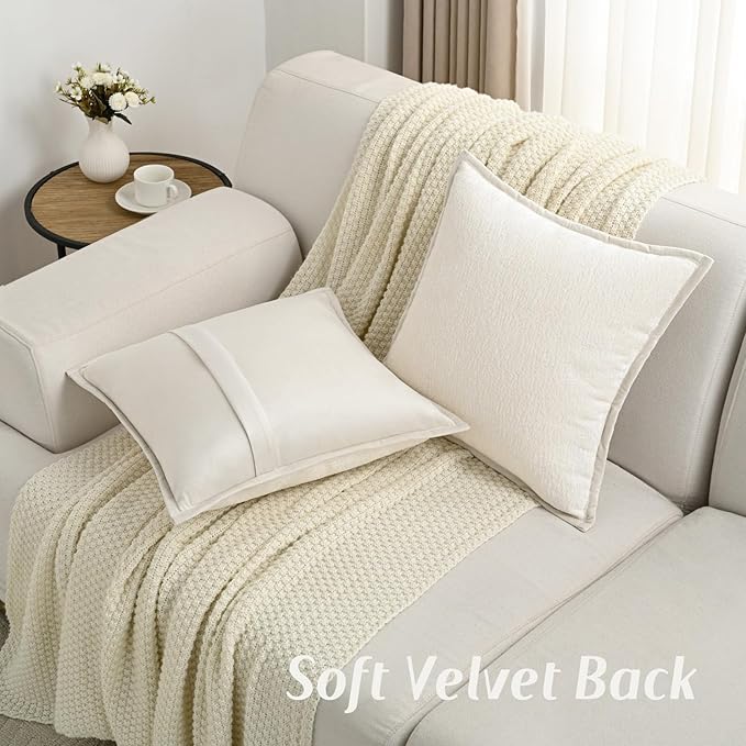 FUTEI Cream White Chenille Throw Pillow Covers 22x22 Inch Set of 2,Soft Cozy Bound Edge Design Cushion Case,Home Decor for Couch Bed Living Room