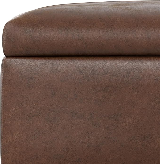 SIMPLIHOME Gabbie 36 inch Wide Contemporary Square Square Coffee Table Storage Ottoman in Distressed Chestnut Brown Vegan Faux Leather, Assembled, for The Living Room, Entryway and Family Room