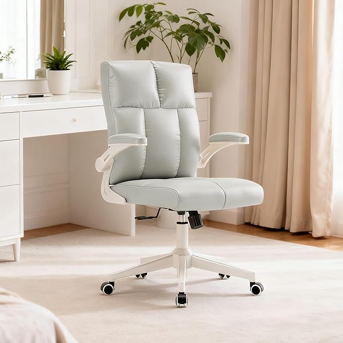 Ergonomic Office Desk Chair with Space Saving Flip-Up Arms, 360° Swivel & Reclining Back, High-Back Executive Chair in Soft Faux Leather for Office&Study（Gray）