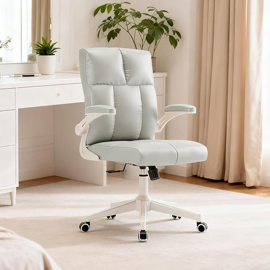 Ergonomic Office Desk Chair with Space Saving Flip-Up Arms, 360° Swivel & Reclining Back, High-Back Executive Chair in Soft Faux Leather for Office&Study（Gray）