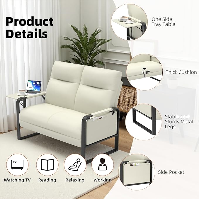 Faux Leather Loveseat, Upholstered Loveseat with Side Tray Table & Storage Pocket, Small Loveseat for Living Room, Modern 2 Seater Sofa Couch for Small Spaces, Bedroom, Beige
