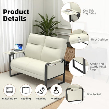 Faux Leather Loveseat, Upholstered Loveseat with Side Tray Table & Storage Pocket, Small Loveseat for Living Room, Modern 2 Seater Sofa Couch for Small Spaces, Bedroom, Beige