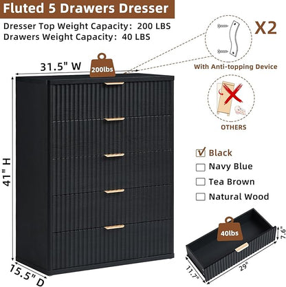 LEYAOYAO Fluted 5 Drawers Dresser for Bedroom, 41" Tall Modern Chest of Drawers with Metal Handle, Curved Profile Design,Black Wood Drawer Organizer for Bedroom, Living Room, Hallway, Entryway