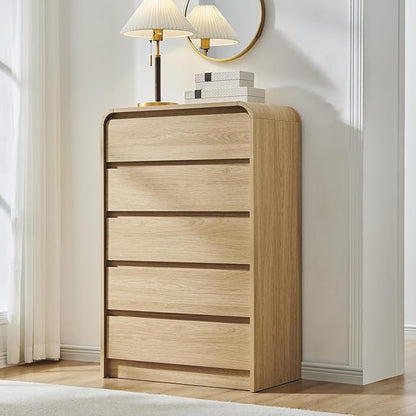 Modern 5 Drawers Dresser for Bedroom, 45" Tall Dressers & Chests of Drawers w/Curved Profile Design, Wood Mid Century Vertical Dresser w/Natural Texture for Bedroom, Living Room, Natural Oak