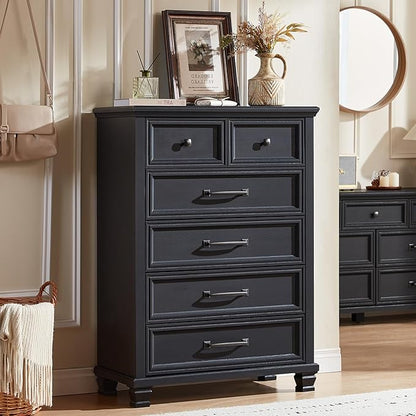Farmhouse Bedroom Dresser and Nightstand Set of 4, 6 Drawer Tall & 5 Drawers Dresser & 3 Drawer Nightstand Set with Wooden Legs, Rustic Wood Bedroom Furniture for Livingroom, Hallway, Black