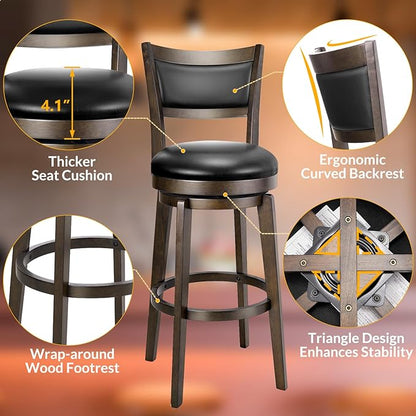 PrimeZone Swivel Bar Stools Set of 4, 30 Inch Bar Height Barstools, Black Faux Leather Bar Stool with High Backrest & Solid Wood Legs & Wrap-Around Footrest, Counter Stools for Kitchen Island, Pub