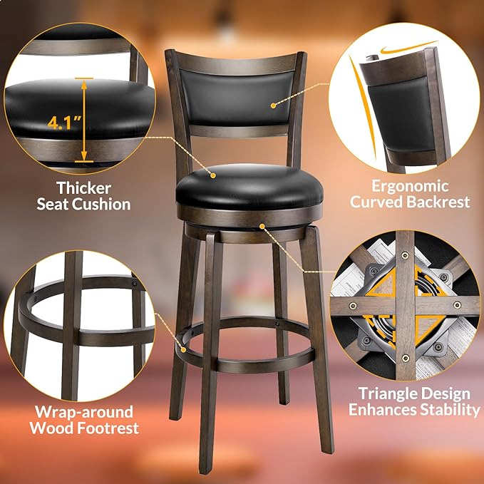 PrimeZone Swivel Bar Stools Set of 1, 30 Inch Bar Height Barstools, Black Faux Leather Bar Stool with High Backrest & Solid Wood Legs & Wrap-Around Footrest, Counter Stools for Kitchen Island, Pub