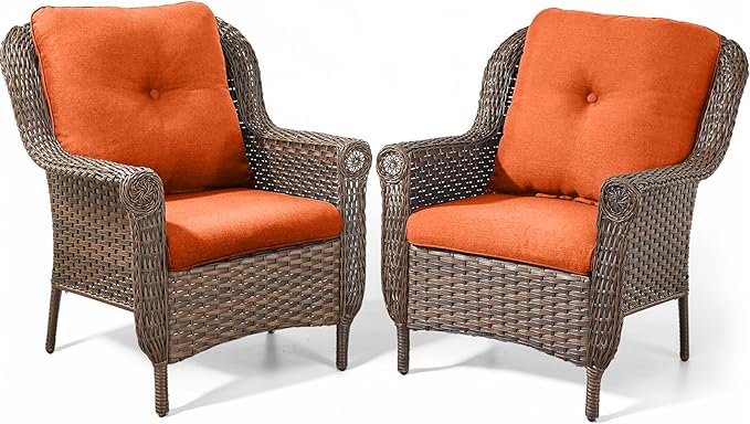 Patio Wicker Chairs Outdoor Furniture Chair - Set of 2 Outside All Weather Lawn Dining Brown Rattan Armchair with High Back&Deep Seating for Deck Porch Balcony Backyard Garden - Orange