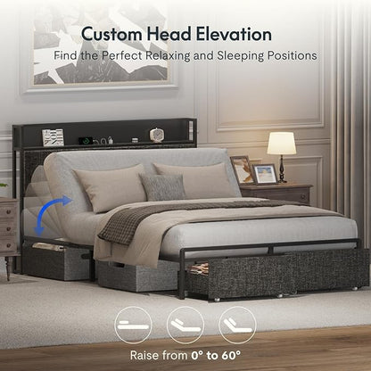 FLEXISPOT Queen Adjustable Bed + 12" Cooling Gel Memory Foam Mattress, Storage Headboard, Charging Station, LED Light, Drawers, Quiet DC Motor, Easy Assembly – Bonus 4-Piece Queen Sheet Set Included