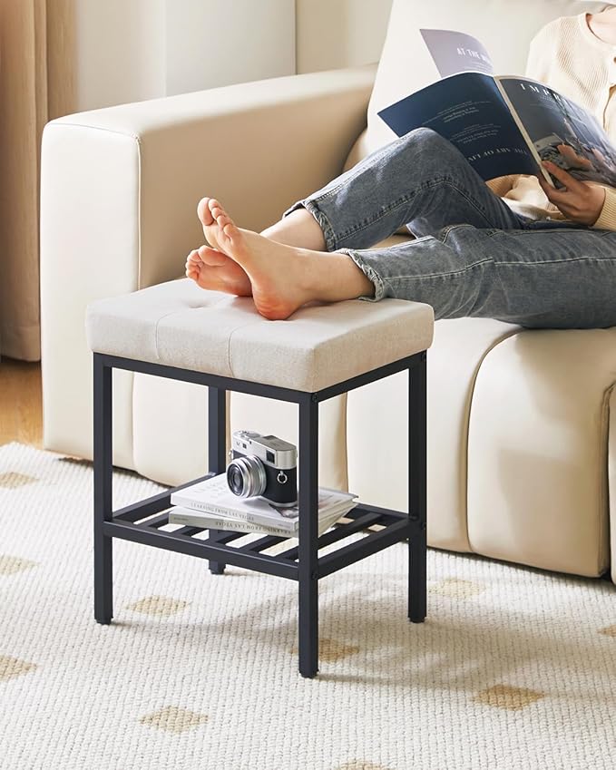 IBUYKE Rectangular Makeup Stool with Adjustable Feet and Storage Space, Footrest Chair, Linen Seat Vanity Stool, Multi-Use as Small Side Table or Ottoman, for Bedroom, Linen WBD017Y