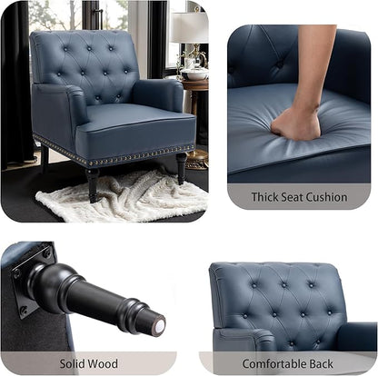 MOJAY Faux Leather Accent Chair Set of 2, Mid-Century Modern Living Room Chair Lounge Study Sofa Chair with Sturdy Wood Legs, Club Chair Armchair for Bedroom Home Study Reception (DarkBlue)