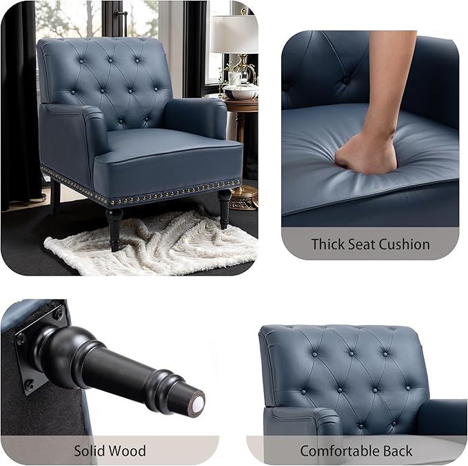 MOJAY PU Leather Accent Chair, Mid-Century Armchair Living Room Sofa Chair with Rubber Wood Leg, Club Chair with Rivet Trim for Bedroom Reading Room Reception (DarkBlue)