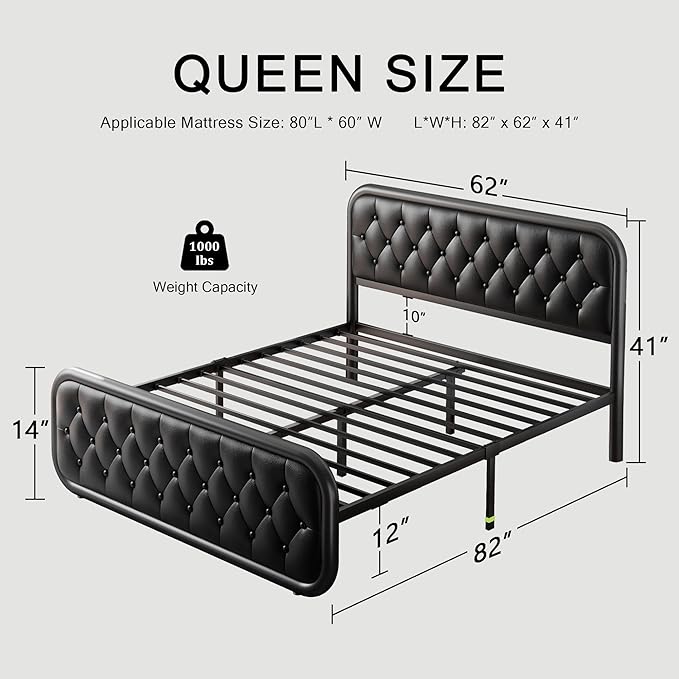 Einhomn® Queen Size Metal Bed Frame with Button Tufted Leather Upholstered Headboard and Footboard, U-Shape Support Foundation, No Box Spring Required, Black