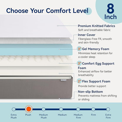 Amazon Basics Plush Memory Foam Bed Mattress, Full, White/Grey, 75 x 54 x 8 inches