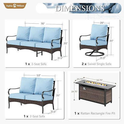 Sophia & William Patio Furniture Set, 5 Piece Metal Outdoor Conversation Set with 3-Seater Outdoor Couch, 2 Swivel Chairs, 1 Loveseat,1 Coffee Table for Outdoor Seating, Backyard, Porch(Blue)