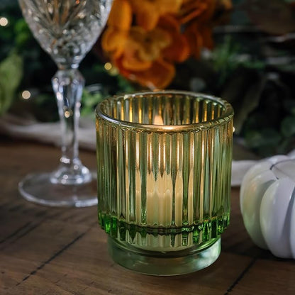 Kate Aspen Vintage Ribbed Glass Candle Holder Decor, Green Votive Candle Holders for Holiday Table Decor, Tealight Candles Holder Glass (Set of 6), Dinning & Christmas Table Decoration Tablescape
