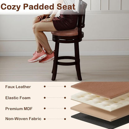 COSTWAY 26" Counter Height Stools Set of 2, Swivel High-Top Chairs with Backrest & Faux Leather Padded Seat, Rubber Wood Counter Barstools with Footrest for Kitchen, Dining Room, Pub (2,26'')