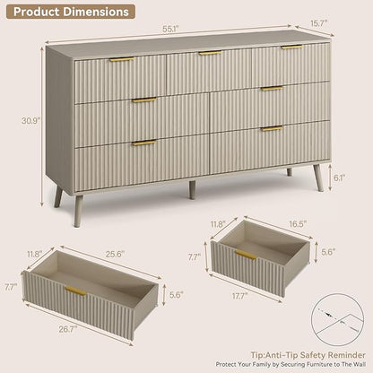 CARPETNAL Fluted 7 Drawer Dresser for Bedroom, 55" Wide Wooden Chest of Drawers with Rounded Corners, Gold Handles, Modern Storage Organizer for Bedroom, Hallway(Beige)