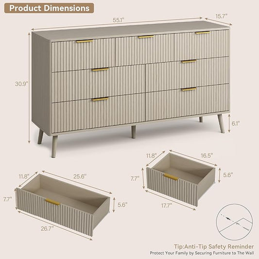 CARPETNAL Fluted 7 Drawer Dresser for Bedroom, 55" Wide Wooden Chest of Drawers with Rounded Corners, Gold Handles, Modern Storage Organizer for Bedroom, Hallway(Beige)