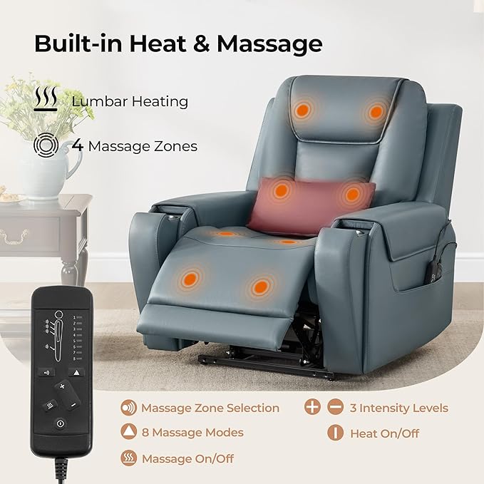 CHITA Electric Power Lift Recliner Chair for Elderly with Massage and Heat, Large Lay Flat Genuine Leather Recliner Chair with Cup Holders, USB Ports, Power Headrest, Independent Backrest, Navy