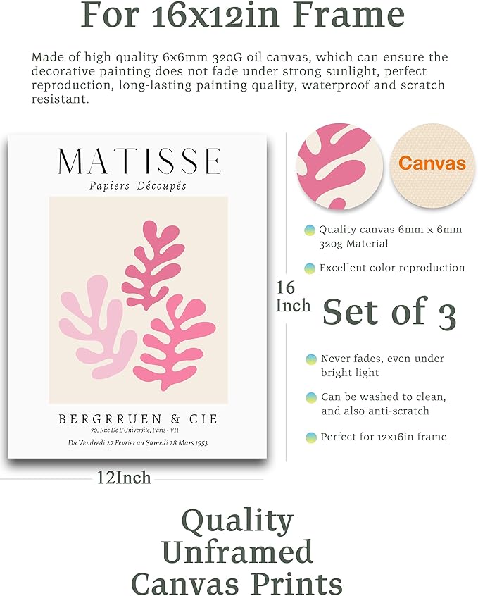 Matisse Wall Art Decor Set of 3,Abstract Matisse Wall Art Exhibition Posters,Unframed sage Pink wall art,Truly Quality Canvas Prints for 12x16in,Art Poster Decoration for Kitchen,