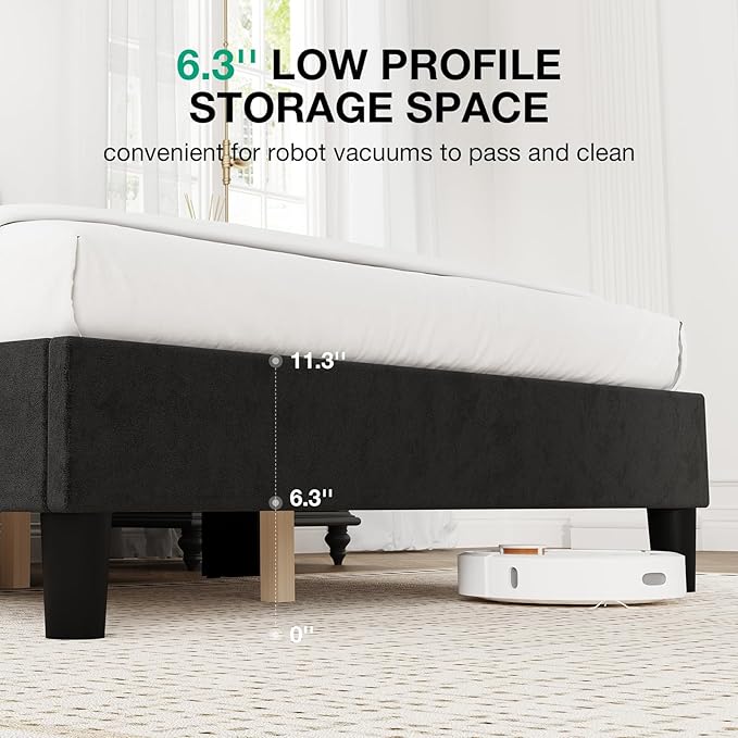 Novilla Full Size Bed Frame, Full Bed Frame with Headboard, Velvet Upholstered Pull-Point Wing Side Headboard, No Box Spring Needed, Heavy Duty Feet, Easy Assembly, Black Velvet
