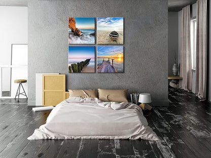 Wieco Art Seaview Sea Beach Canvas Prints Wall Art Large Modern 4 Panels Seascape Giclee Paintings Pictures Stretched and Framed Landscape Artwork Ready to Hang for Home Decorations