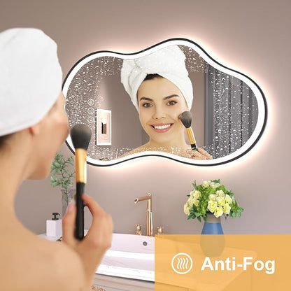 WTTY LED Irregular Bathroom Mirror 20x36 Inch with Front & Back Lights - Asymmetrical Design, Anti-Fog, Dimmable 3 Color Temperatures, Shatterproof Glass, Horizontal or Vertical Mount (Black Frame)