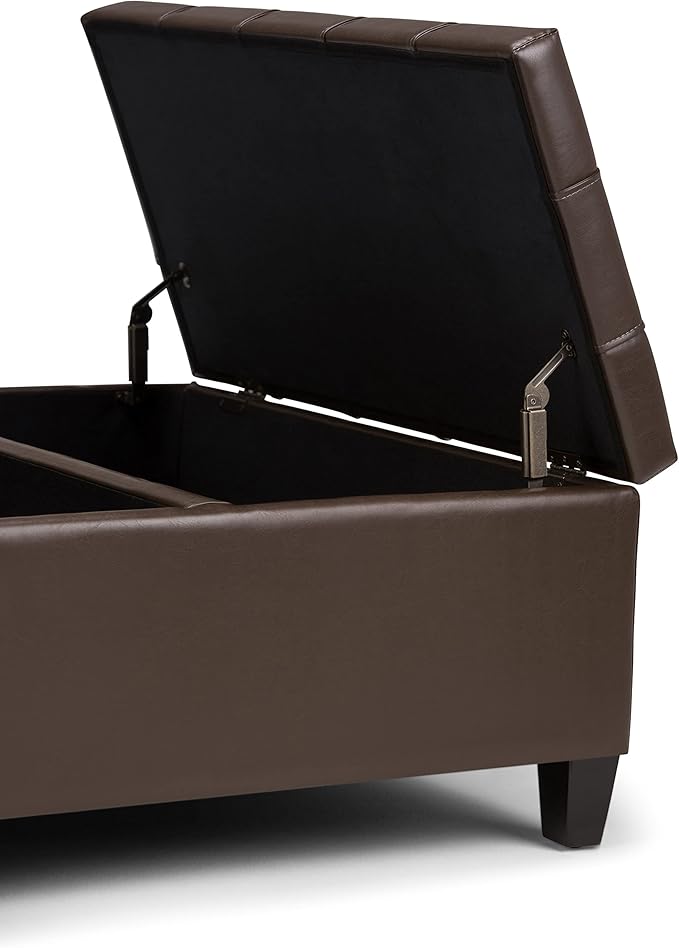 SIMPLIHOME Harrison 36 inch Wide Transitional Square Coffee Table Storage Ottoman in Chocolate Brown Vegan Faux Leather, Assembled, For the Living Room and Bedroom