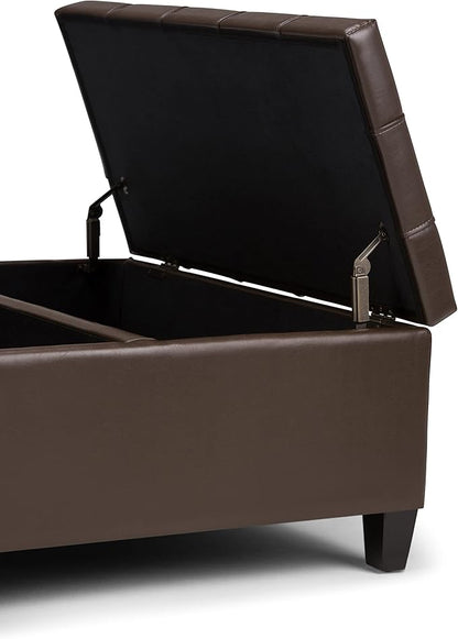 SIMPLIHOME Harrison 36 inch Wide Transitional Square Coffee Table Storage Ottoman in Chocolate Brown Vegan Faux Leather, Assembled, For the Living Room and Bedroom