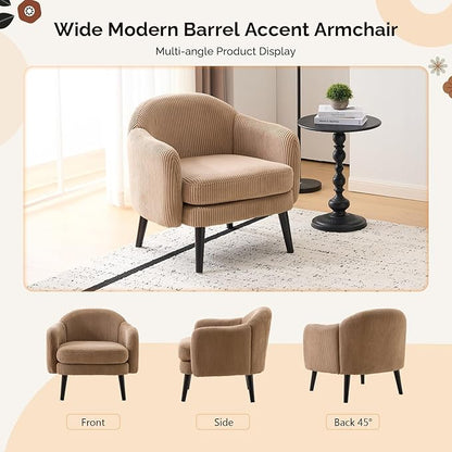 VINGLI 30.3" Wide Modern Barrel Accent Armchairs Set of 2 with Track Armrest, Solid Wooden Legs, Comfy Upholstered Club Chairs, Single Home Sofa for Living Room, Bedroom, Reading Room, Corduroy Khaki