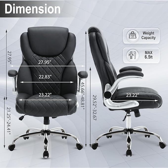 Executive Office Chair, High Back Faux Leather Ergonomic Office Desk Chairs with Wheels, 90-120° Rocking Managerial Swivel Home Computer Chairs with Flip up Arms Lumbar Support(Black)