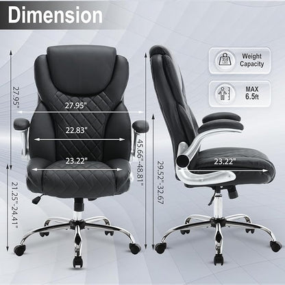 Executive Office Chair, High Back Faux Leather Ergonomic Office Desk Chairs with Wheels, 90-120° Rocking Managerial Swivel Home Computer Chairs with Flip up Arms Lumbar Support(Black)
