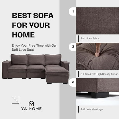 Modern Sectional Sofa for Living Room, Upholstered 3-Seater Modular Couches Linen Fabric L-Shaped Sofa with Ottoman for Home Furniture, Grey