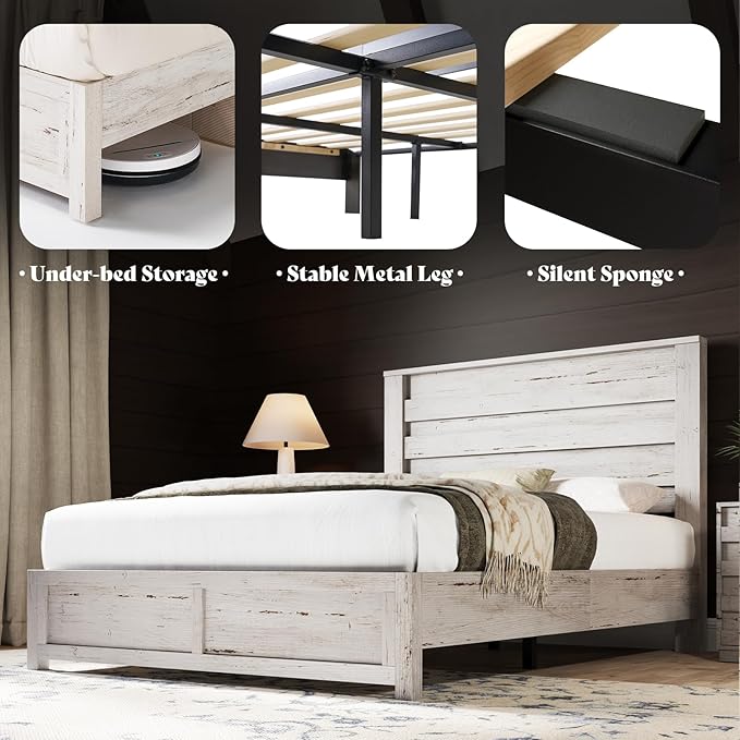 AMERLIFE Farmhouse Full Size Bed Frame with 49" Fluted Headboard, Platform Bed with Natural Wood Grain, No Box Spring Needed/Noise Free, Distressed White