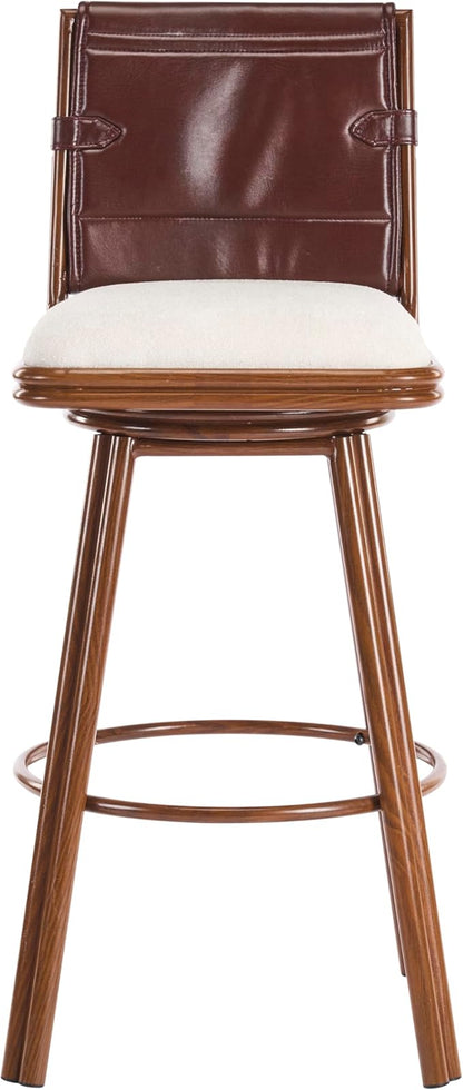 Christopher Knight Home Sibyl Fabric Upholstered Counter Height Bar Stools Set of 2, Metal Stool Chair for Kitchen Island with Faux Leather Backrest, Armless Counter Stool with Footrest, Beige+Walnut