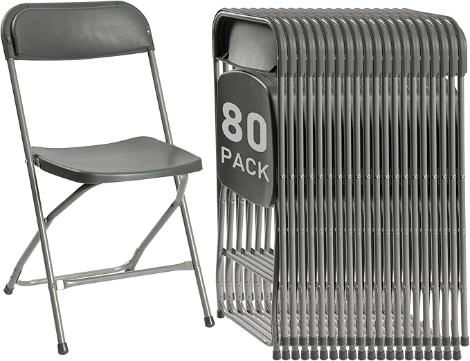 80 Pack Plastic Folding Chairs, Portable Party Chairs, Stackable Commercial Seats with Steel Frame for Home Office Wedding Party Indoor Outdoor Events Chairs, 350lbs Capacity,Gray