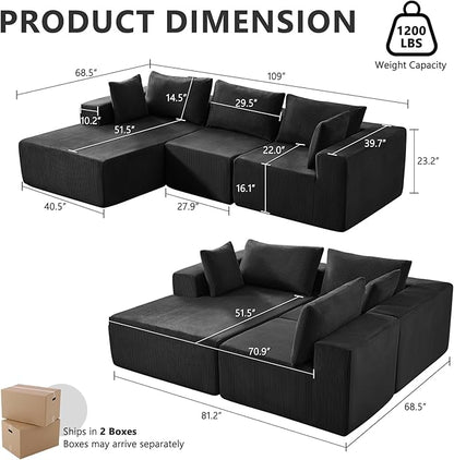 109" Cloud Sectional Couch, Boneless Couches for Living Room, Modular Sectional Sofa with Deep Seat, L-Shape Couch with Chaise, Comfy Corduroy Fluffy Modern Modular Sofa, No Assembly Required, Black
