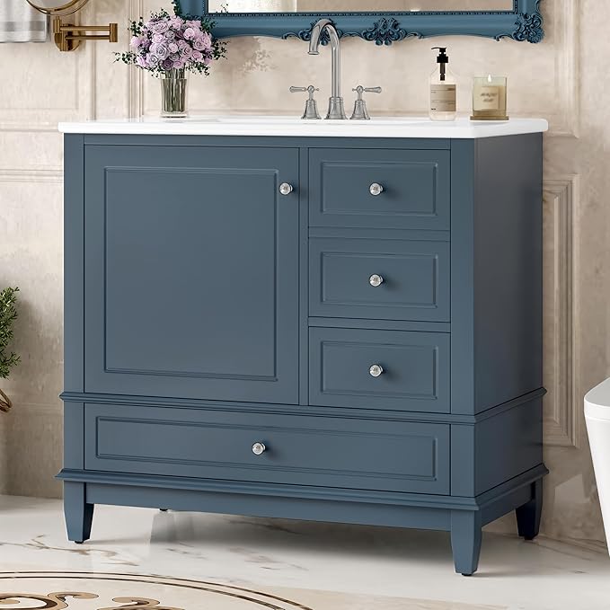 36 Inch Bathroom Vanity with Sink Set, Undermount Vanity Sink Cabinet with 3 Drawers and Door Storage, Soft Closing Door, Wood Frame, Blue Gray