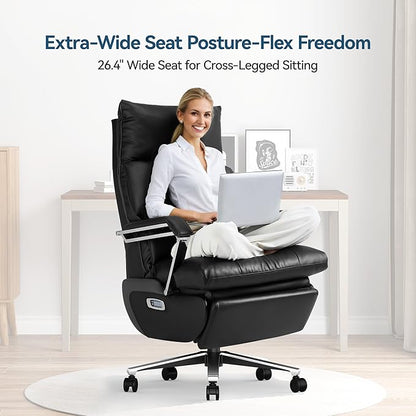 M80A Dual Motor Electric Executive Office Chair with Footrest, Comfortable Reclining Office Chair Wide Seat, Big and Tall Ergonomic Leather Home Office Desk Chair (Black,Multi-Functionality)