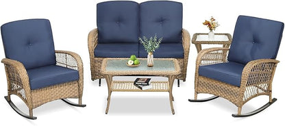 VIVIJASON 5-Piece Outdoor Patio Wicker Conversation Sets, All Weather Outdoor Rattan Furniture Set Includes Glider Loveseat, 2 Coffee Table, 2 Rocking Chairs with Cushions for Backyard, Navy Blue