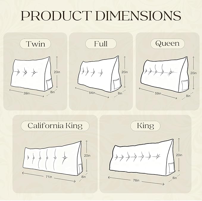 WOWMAX Wedge Pillow Headboard Dorm Headboard Twin XL Bed Bolster Pillow for Bed with Removable Cover, 85% Linen 15% Cotton Blend, Natural Color